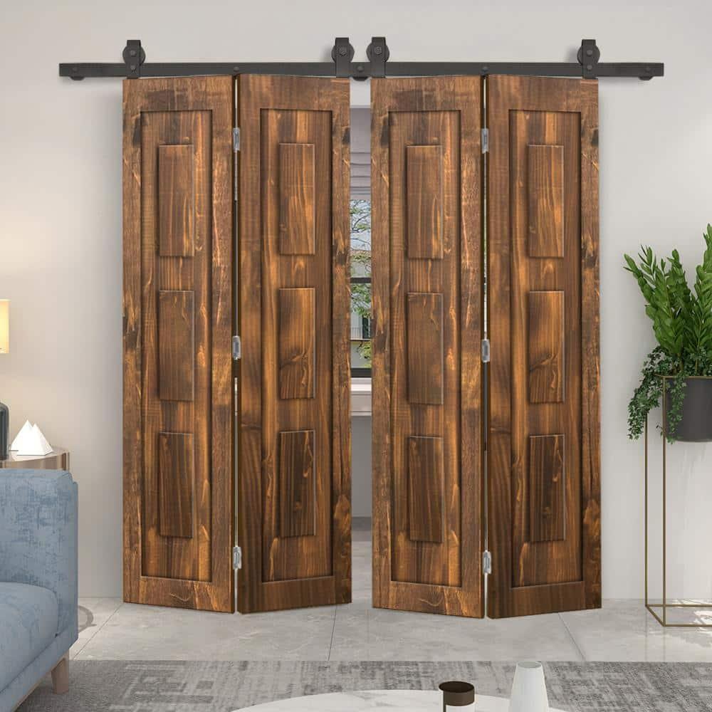 Calhome 3 Panel Shaker Pine Wood Double Bi-Fold Door with Sliding Barn Door Hardware Kit