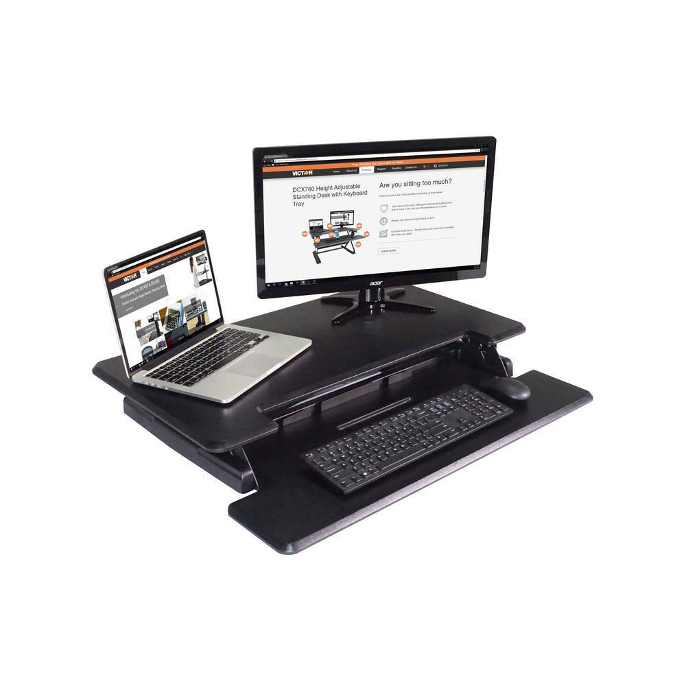 Victor DCX610 Height Adjustable Compact Standing Desk| Black| 33” Wide Sit-Stand Dual Monitor Desk and Laptop Riser Workstation| Compatible with Most Monitor Arms