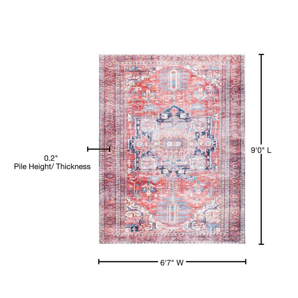 SAFAVIEH Serapi Doncho Traditional Machine Washable Area Rug, Red/Navy, 6'7" x 9'