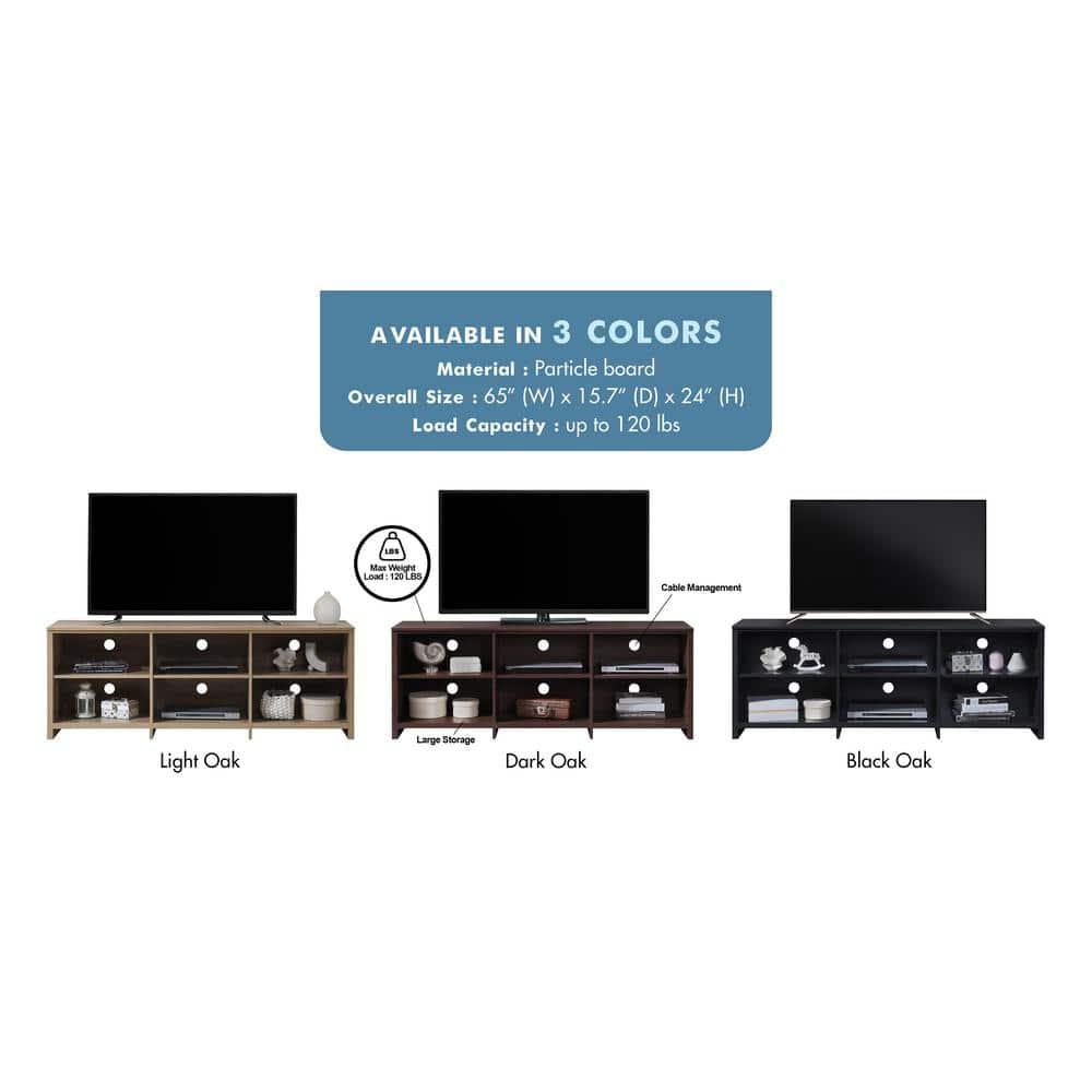 AndMakers 65 in. Modern Black Oak TV Stand For TVs Up To 62" With 6 Open Shelves, Modern Entertainment Center With Storage, TV Console Table