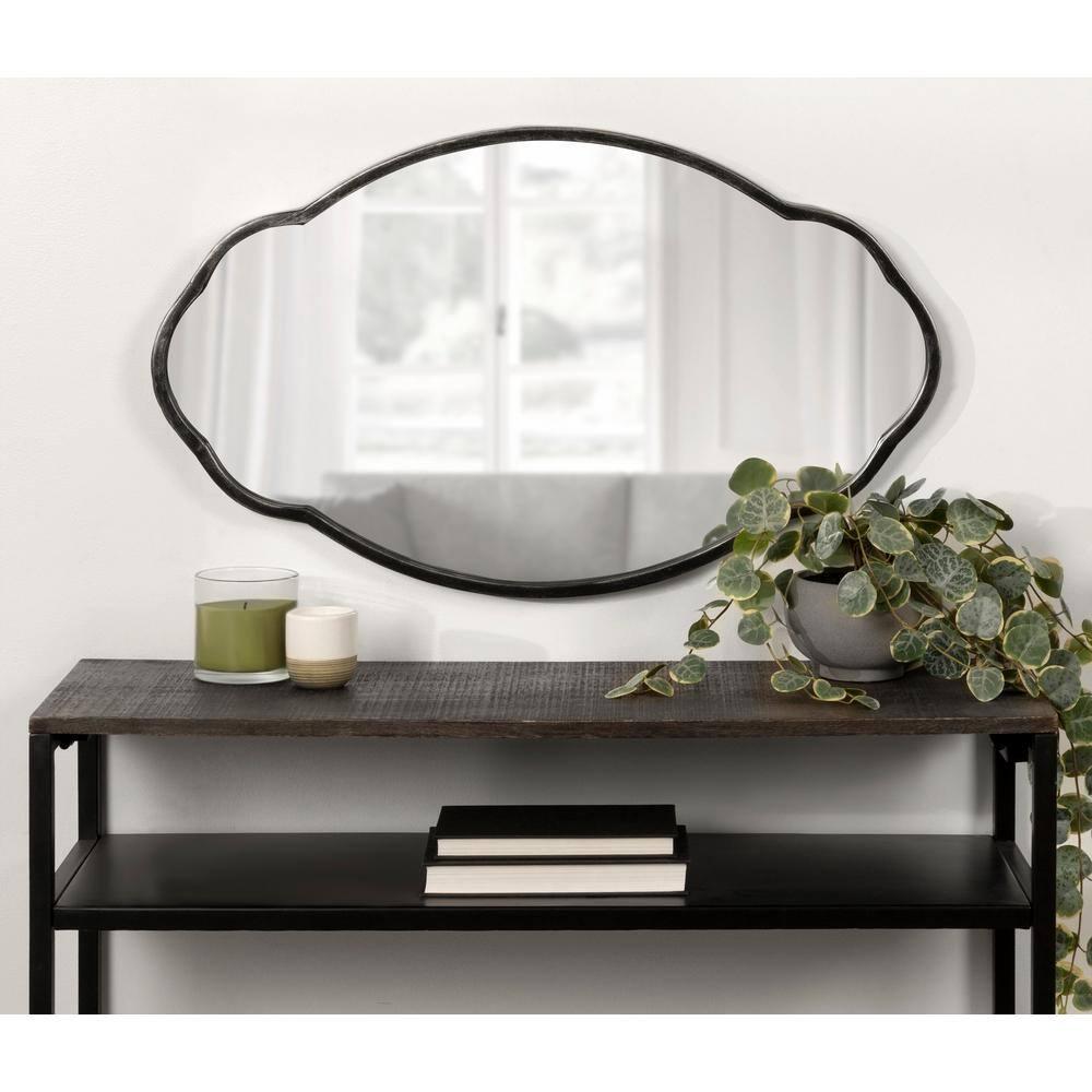 Kate & Laurel All Things Decor 18" x 30" Magritte Scalloped Oval Decorative Wall Mirror Black : Antique Finish, Metal Frame