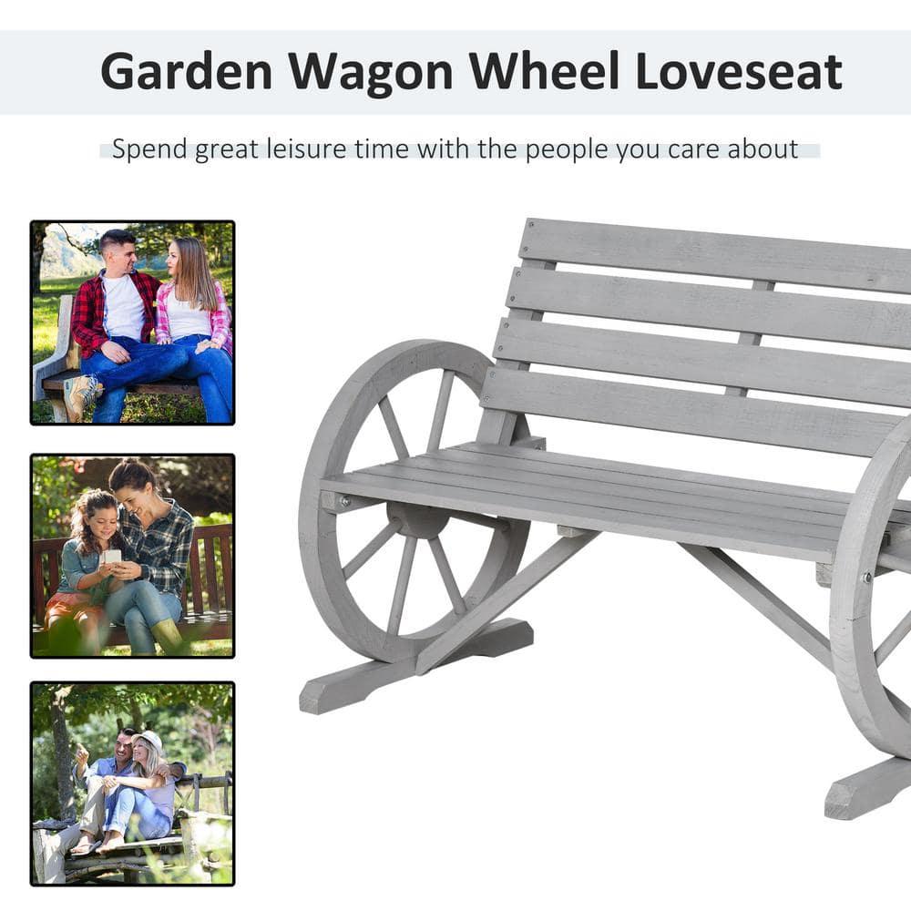 Outsunny Wooden Wagon Wheel Bench Rustic Outdoor Patio Furniture, 2-Person Seat Bench with Backrest Charcoal Gray