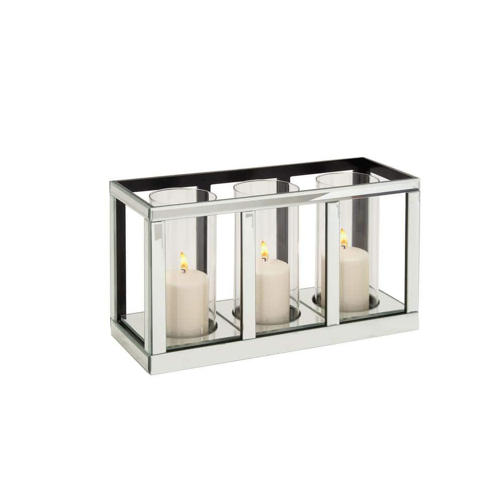 18" x 10" Glam Mirrored Wood Three Light Candle Holder Silver - Olivia & May