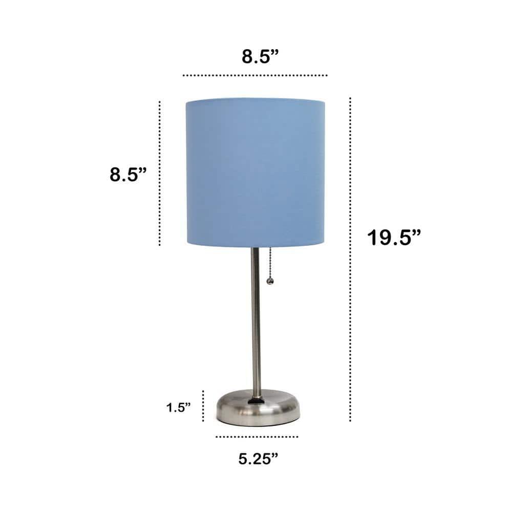 Creekwood Home 19.5" Bedside Power Outlet Base Metal Table Desk Lamp Brushed Steel with Fabric Shade Blue : ETL Listed, No Assembly Required