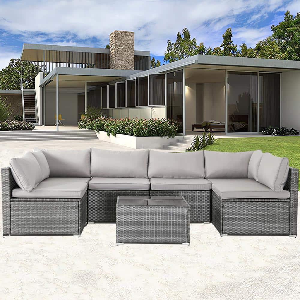 Valita 7 Piece Outdoor PE Wicker Furniture Set, Patio Gray Rattan Sectional Sofa Couch with Washable Grey Cushions