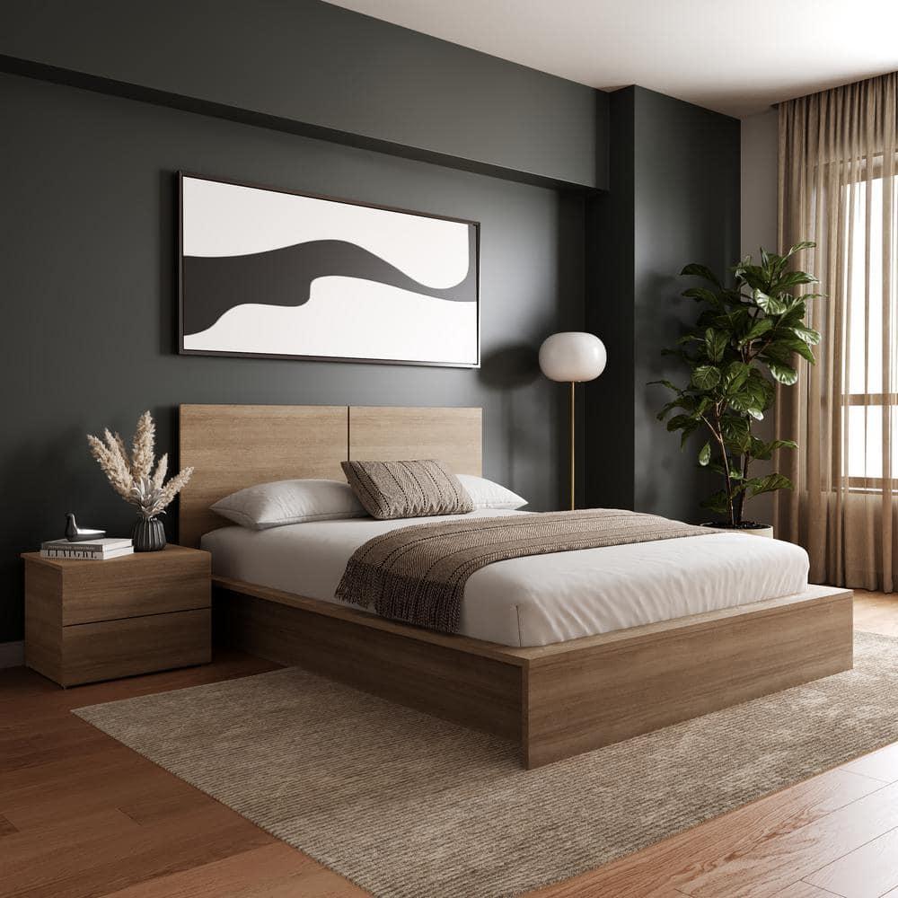Nexera Queen 3pc James Bedroom Set Brown Oak: Modern Style, Platform Bed, 1 Nightstand Included