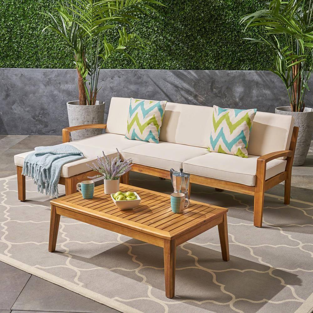 Large Modern L-Shape Wood Sofa - Premium Outdoor Sectional with Beige Cushions