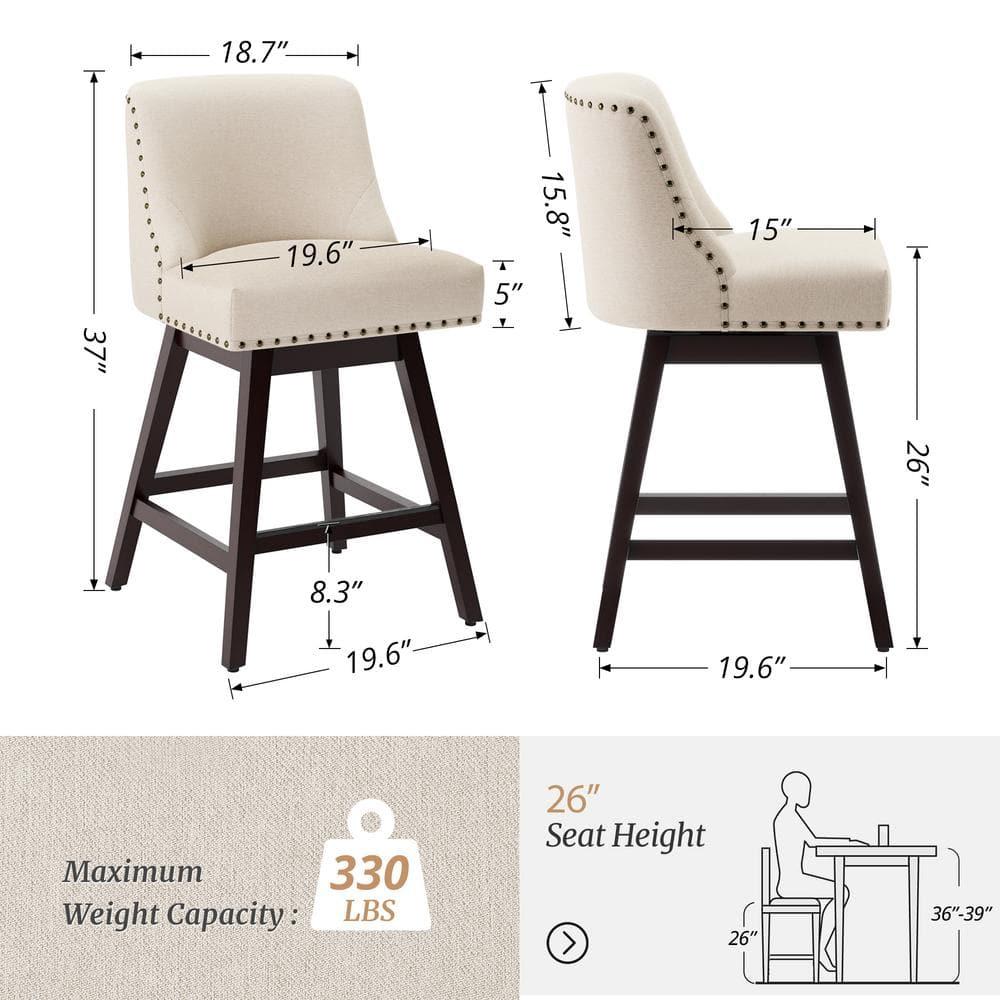 Zoi 26 in. Wood 360 Free Swivel Upholstered Bar Stool with Back, Performance Fabric in Linen. (Set of 3)