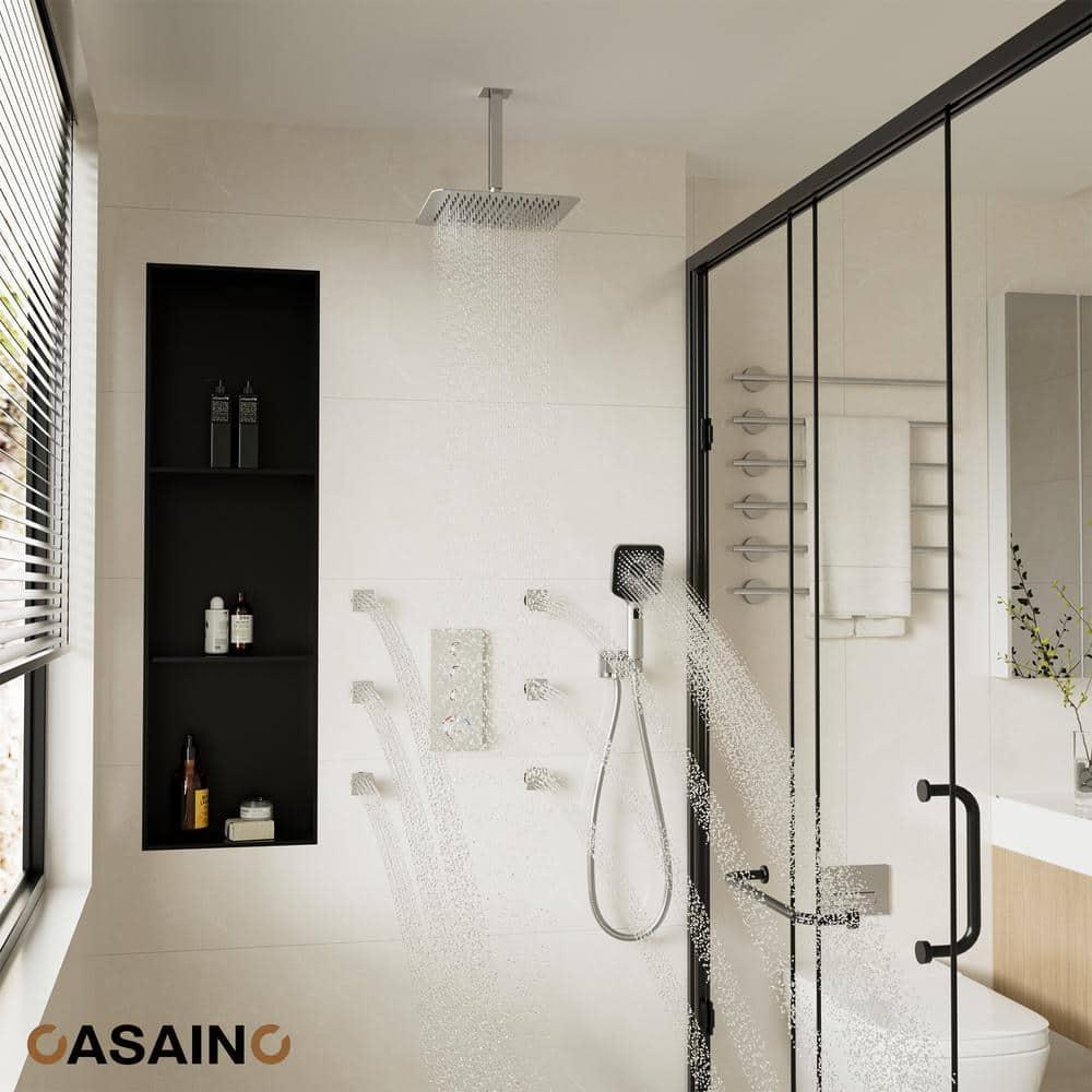 CASAINC 12'' Ceiling Mounted Square Shower System with Handheld Sprayer & 6 Body Jets, Brushed Nickel