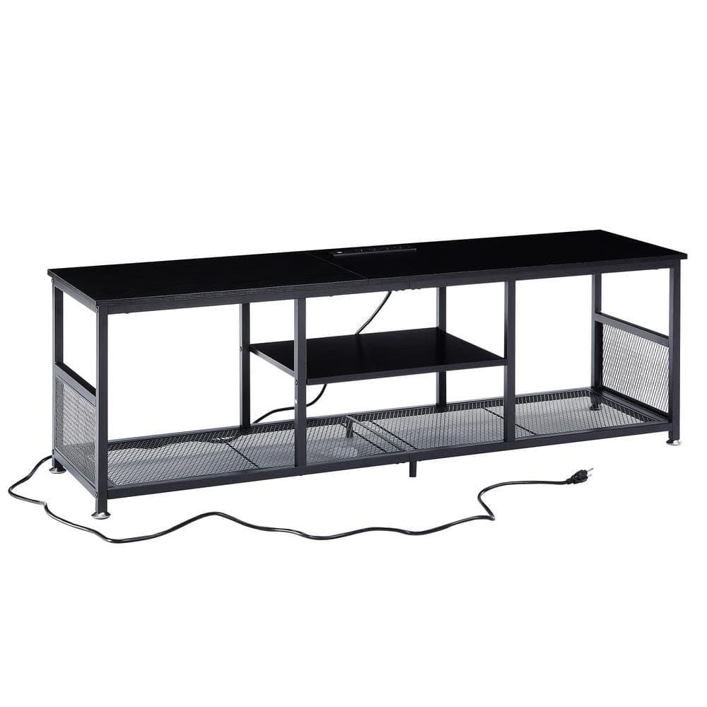 TV Stand with Power Outlets for Televisions up to 65", 55" Media Entertainment Center with 3-Tier Open Shelves Black
