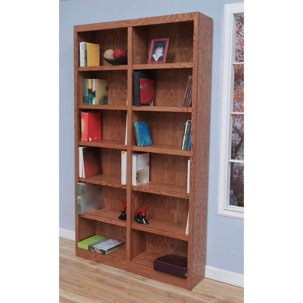 Traditional 84" Tall 12-Shelf Double Wide Wood Bookcase in Dry Oak