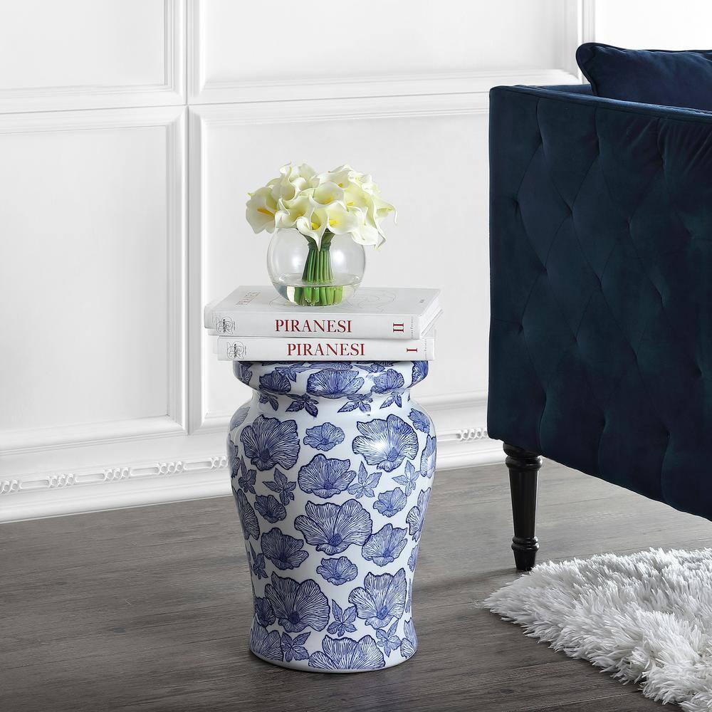 JONATHAN Y Poppies 17.7" Ceramic Garden Stool, White/Blue
