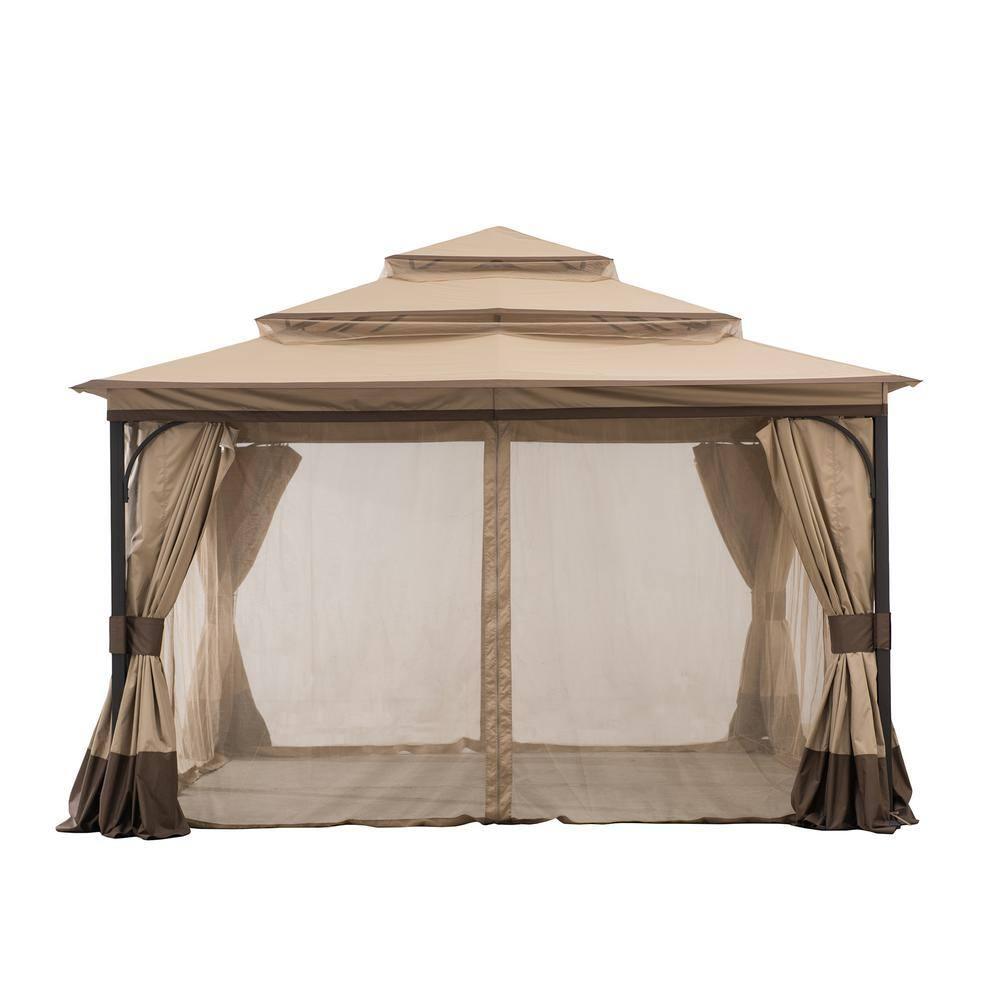 Sunjoy Outdoor Patio Brown Steel Frame 13 ft. x 13 ft. 3-Tier Soft Top Gazebo with Canopy, Mosquito Netting, and Curtains for Backyard Activities