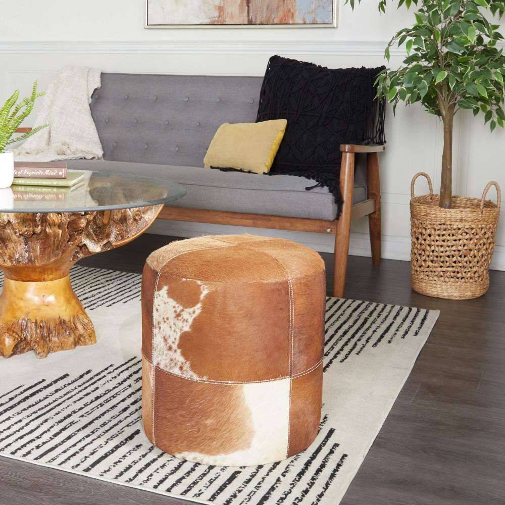 Olivia & May Wood and Leather Rustic Round Ottoman Brown: Contemporary Accent Stool, No Assembly Required