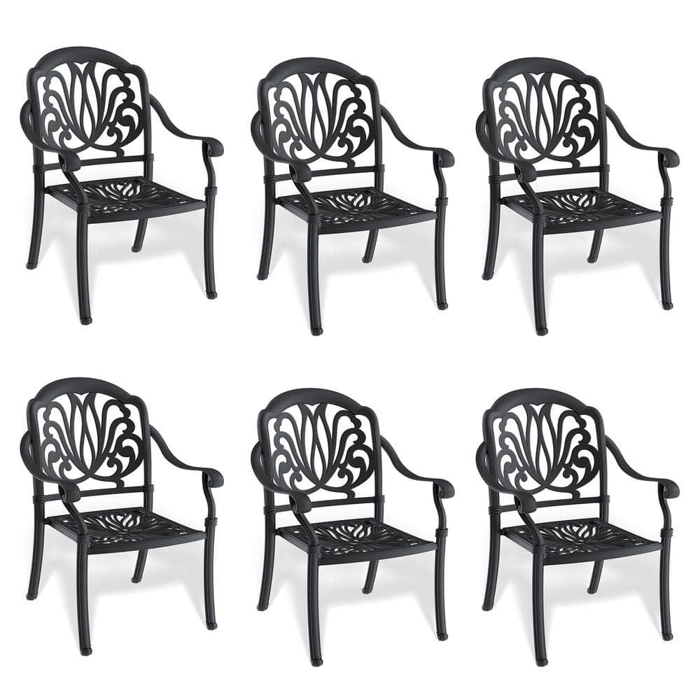 Hzzkey Outdoor Aluminum Dining Arm Chairs - Set of 6, Black, Random Color Cushions