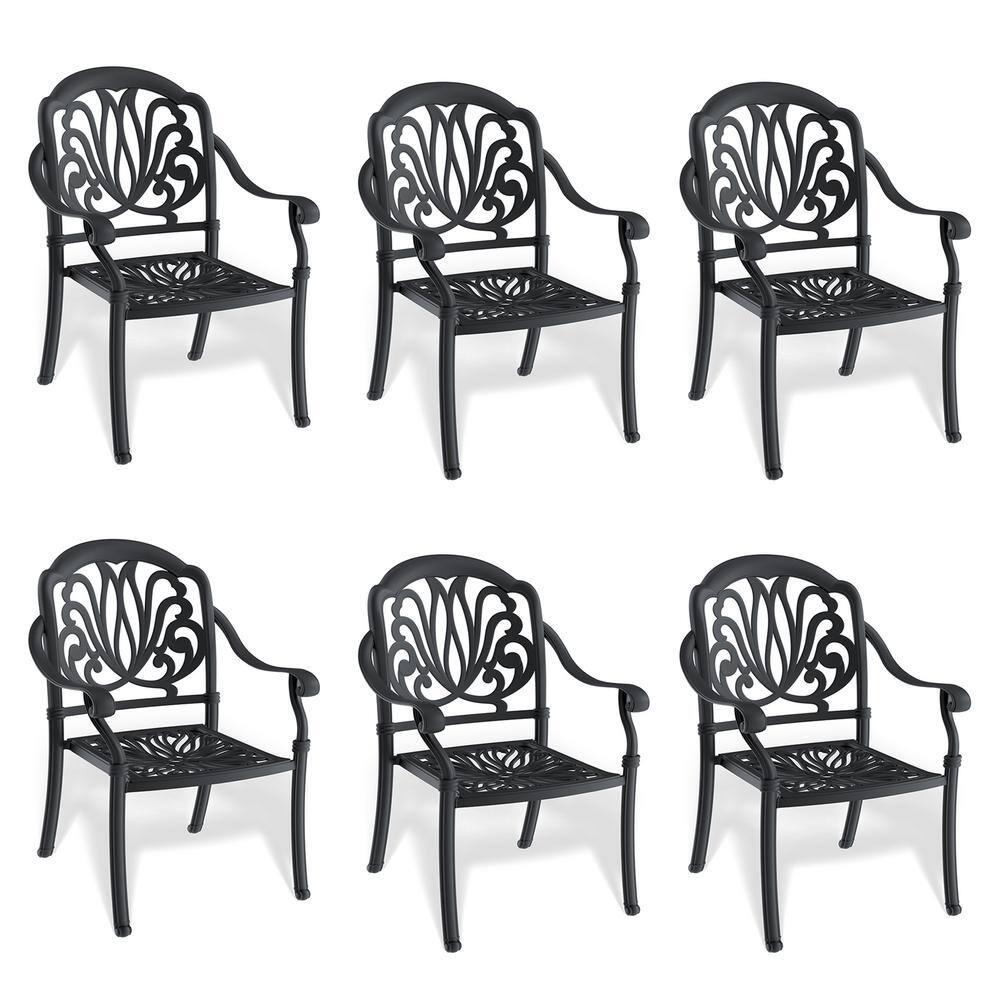Hzzkey Outdoor Aluminum Dining Arm Chairs - Set of 6, Black, Random Color Cushions