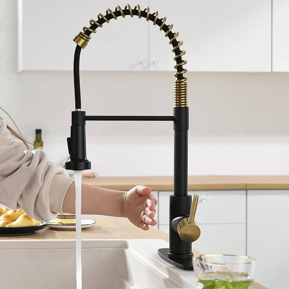 GIMILI Black and Gold Touchless Kitchen Faucet with Pull Down Sprayer Motion Sensor Smart Hands-Free Activated Single Hole Spring Faucet for Kitchen Sink