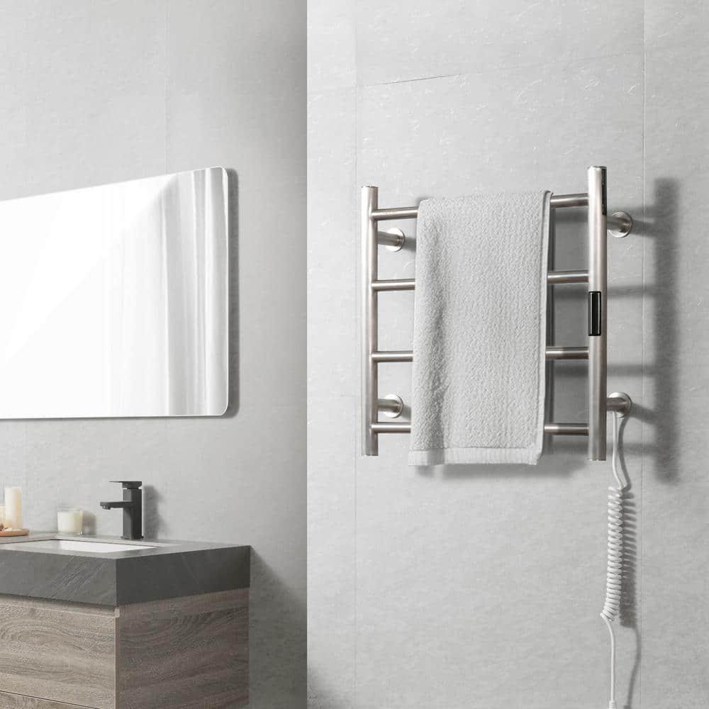 VEVOR 4 Bars Towel Warmer Rack, Wall Mounted Heated Towel Rack for Bathroom, IPX5 Waterpoof Towel Heater Rack with Timer & LED Display Screen, 5 Levels Adjustable Temperature Towel Heater, Silver