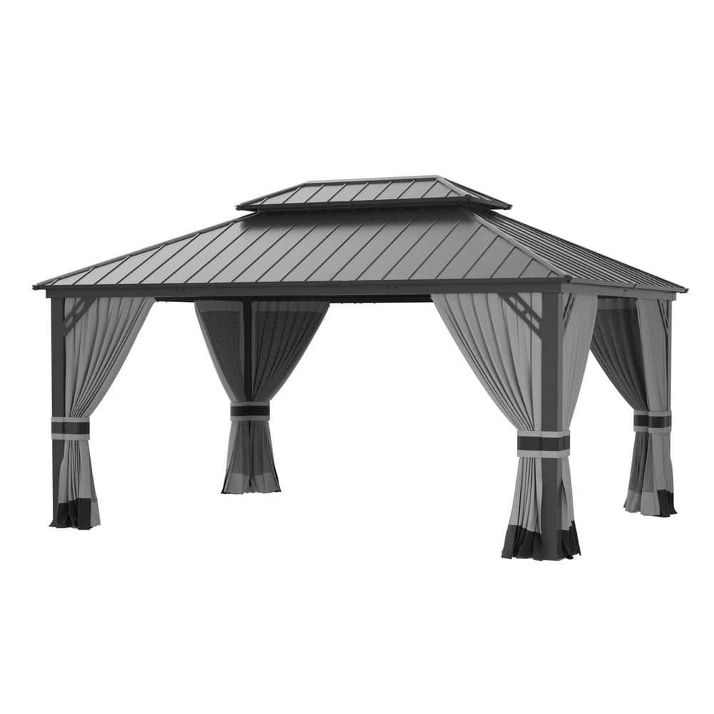 Kozyard Kozyard Alexander Gray Double Roof Hardtop Gazebo with Privacy Curtain Mosquito Netting
