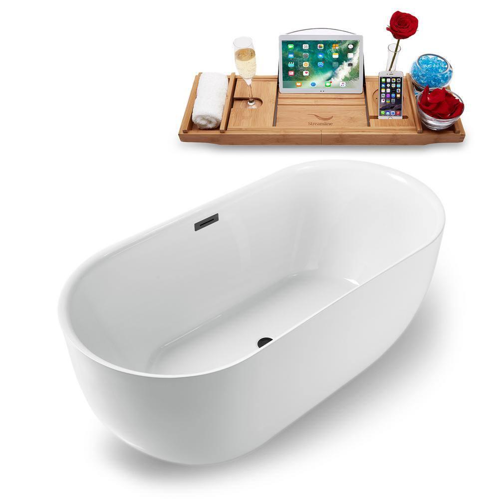 Streamline Bath 59" Streamline Freestanding Soaking Acrylic Bathtub With Drain and Bamboo Tray N1241BGM