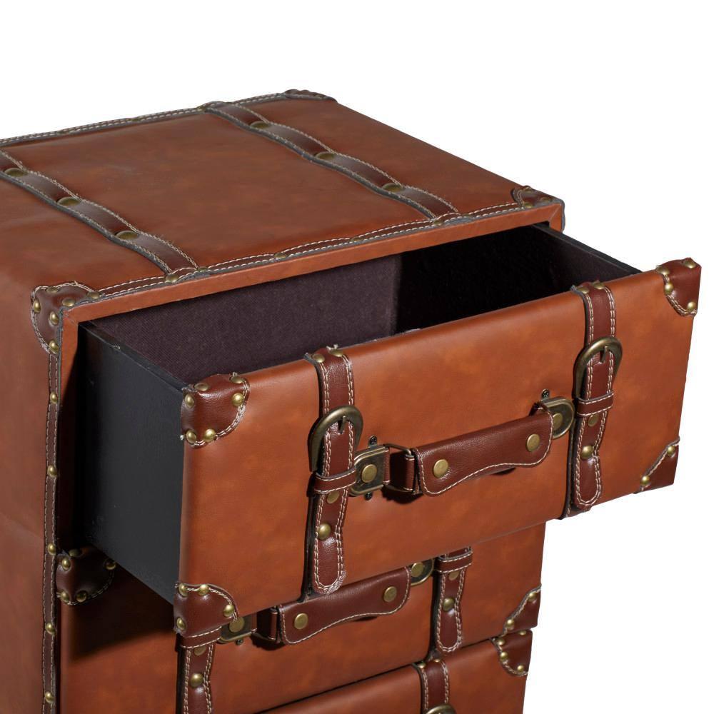 DecMode 16" x 42" Brown Wood Faux Leather 6 Drawers Chest with Buckle and Strap Detailing, 1-Piece