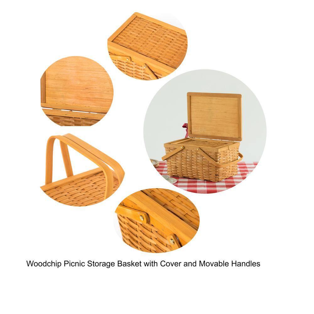Vintiquewise Woodchip Picnic Storage Basket with Cover and Movable Handles, Large