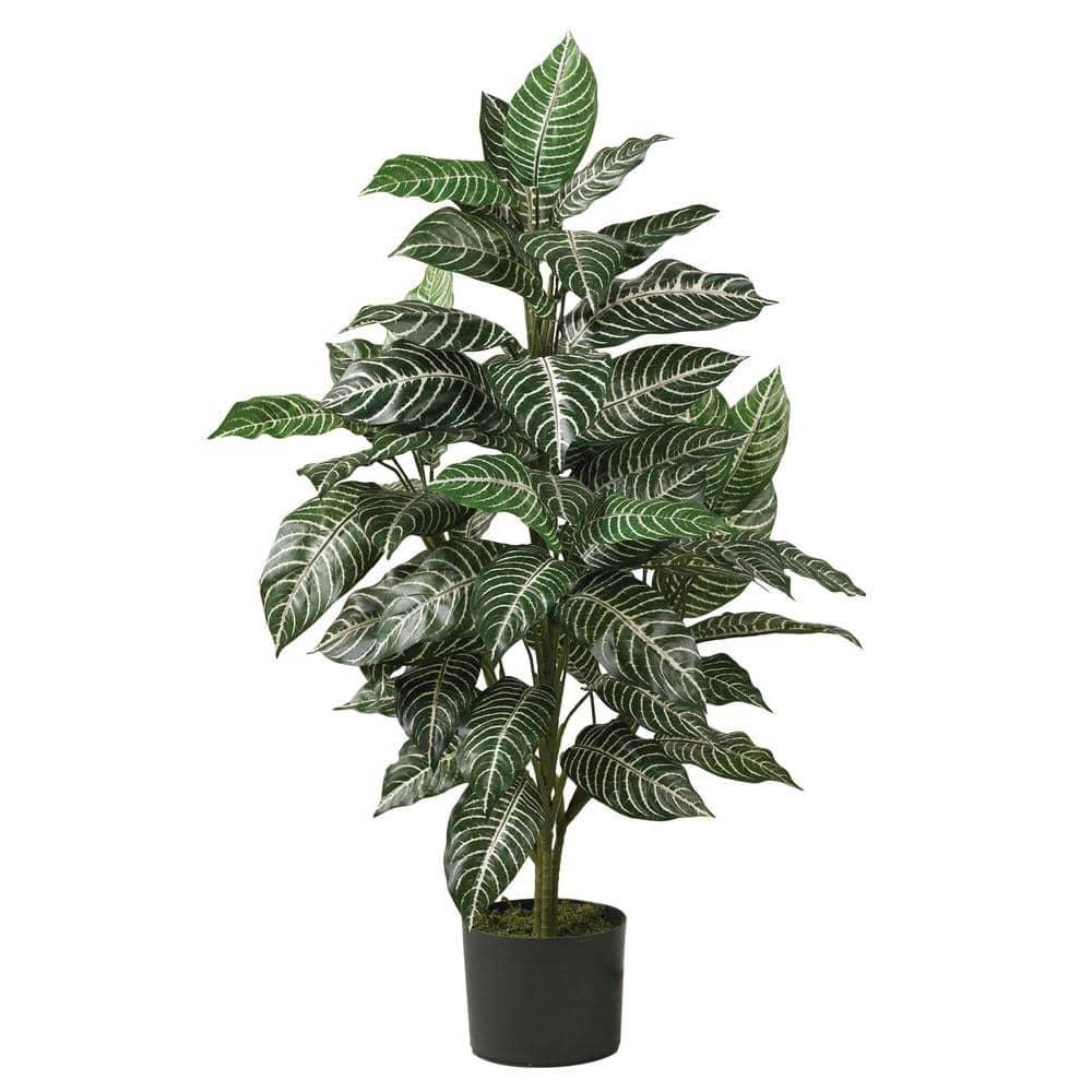 36" x 20" Artificial Zebra Silk Plant in Wicker Pot - Nearly Natural: Indoor Floor Plant Decoration