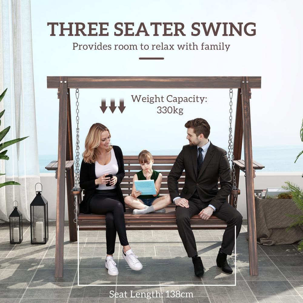 Outsunny 3 Seat Wooden Porch Swing with Stand, Patio Swing Chair with Side Tables, Carbonized Brown