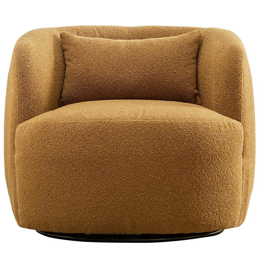34" Wide Boucle Swivel Barrel Chair, No Assembly Round Upholstered Armchair Accent Chair Single Sofa Chair with Toss Pillow for Living Room and Bedroom, Brown