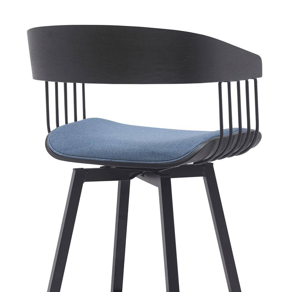 Armen Living Indoor Athena 27" Swivel Black Wood Counter Stool in Blue Fabric with Black Metal