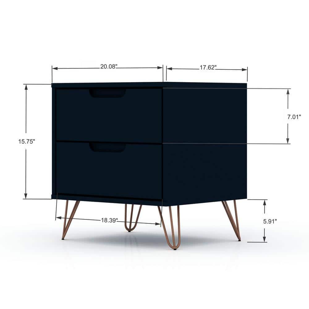 Set of 2 Rockefeller 2 Drawer Nightstands Tatiana Midnight Blue - Manhattan Comfort: Modern Splayed Metal Legs, MDF