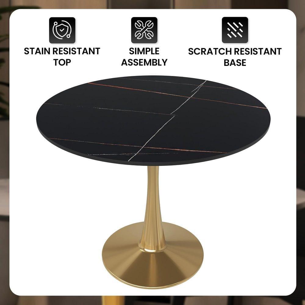 LeisureMod Bristol 35" Round Dining Table – Sintered Stone Top Accent Café Table & Sturdy Steel Gold Pedestal Base for Kitchen and Small Spaces