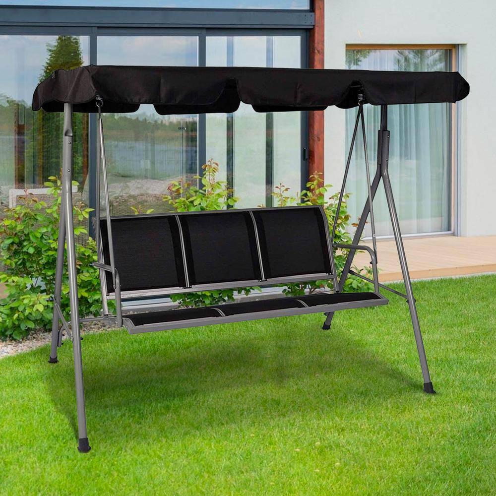 Gray Iron 3-Person Patio Swing with Adjustable Canopy