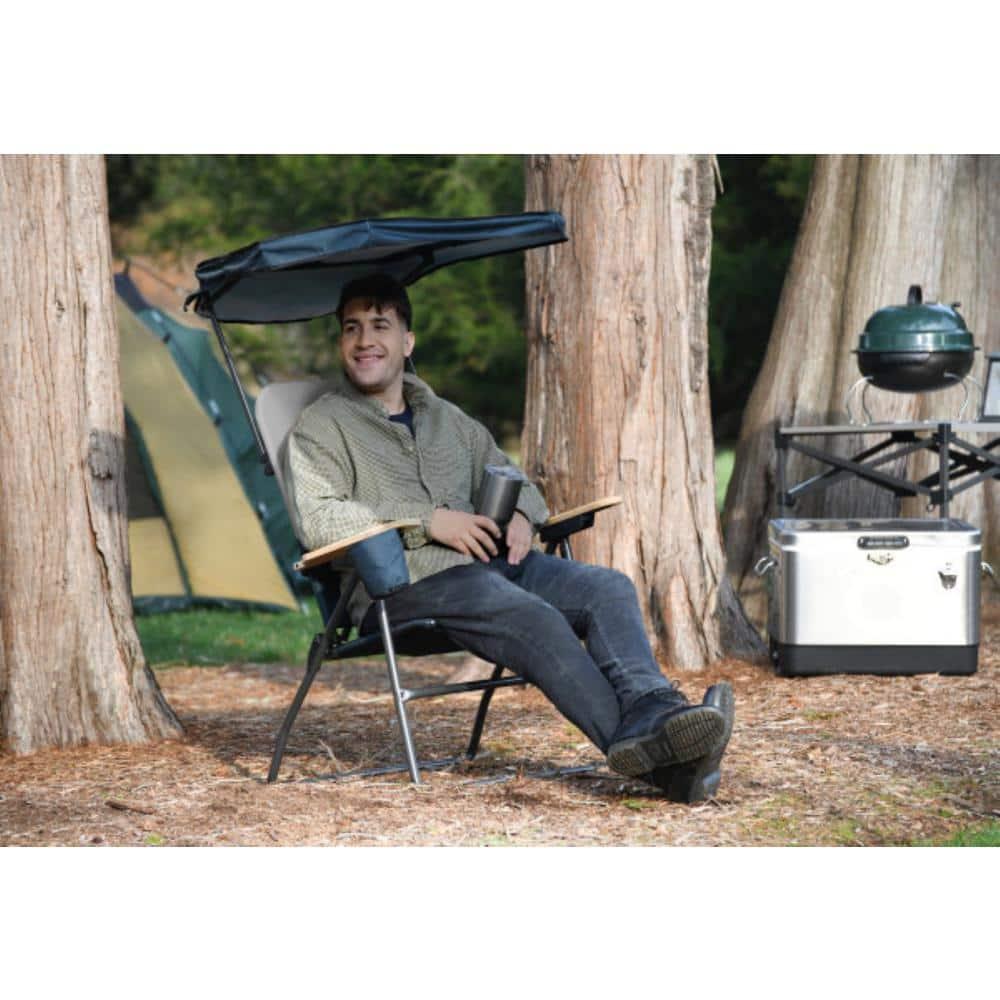 Gray and Black Steel Frame XXL Camping Chair with Wood Arms