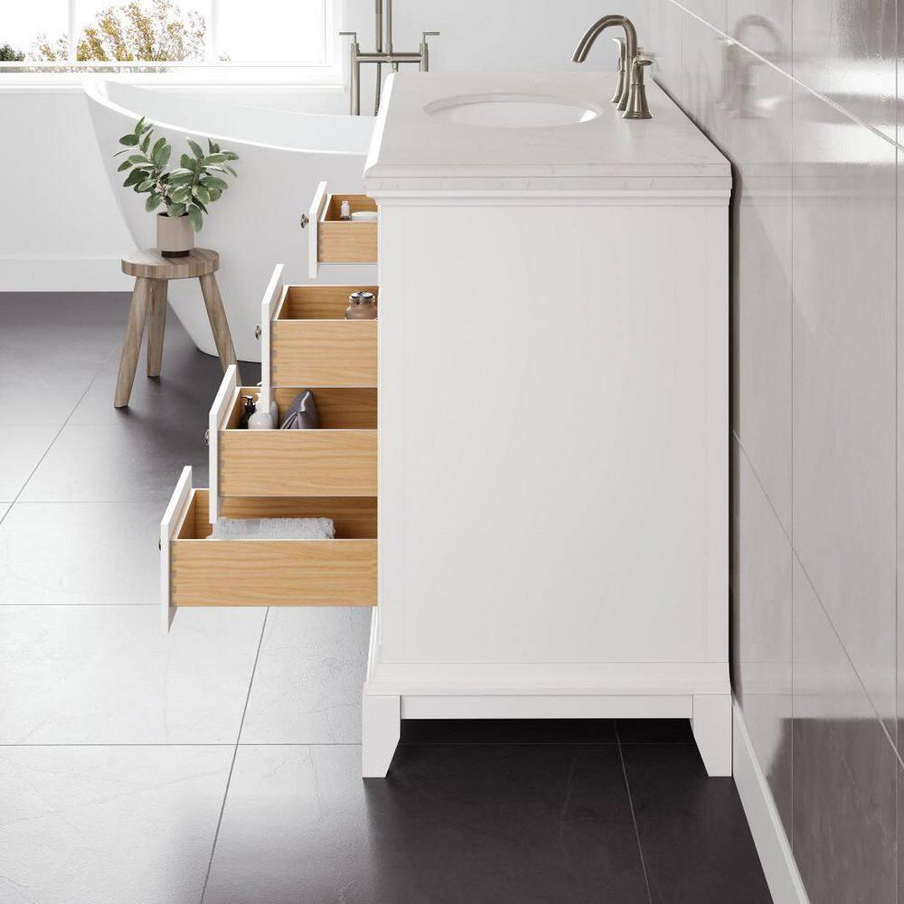 Eviva Elite Stamford . White Single Sink Bath Vanity With Carrara Quartz Top And Undermount Porcelain Sink