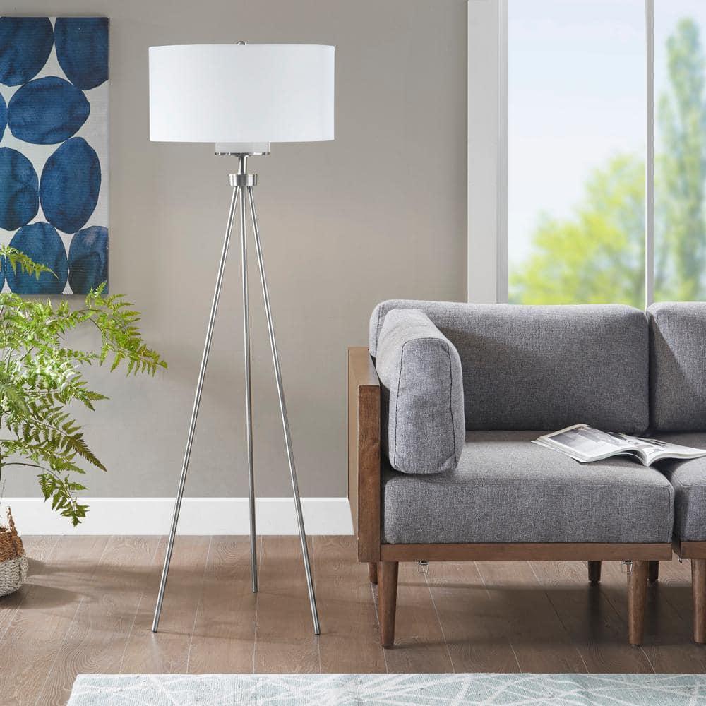 Ink+Ivy 64.5" Pacific Tripod Metal Floor Lamp (Includes LED Light Bulb) Silver: Modern Design, Cotton Shade