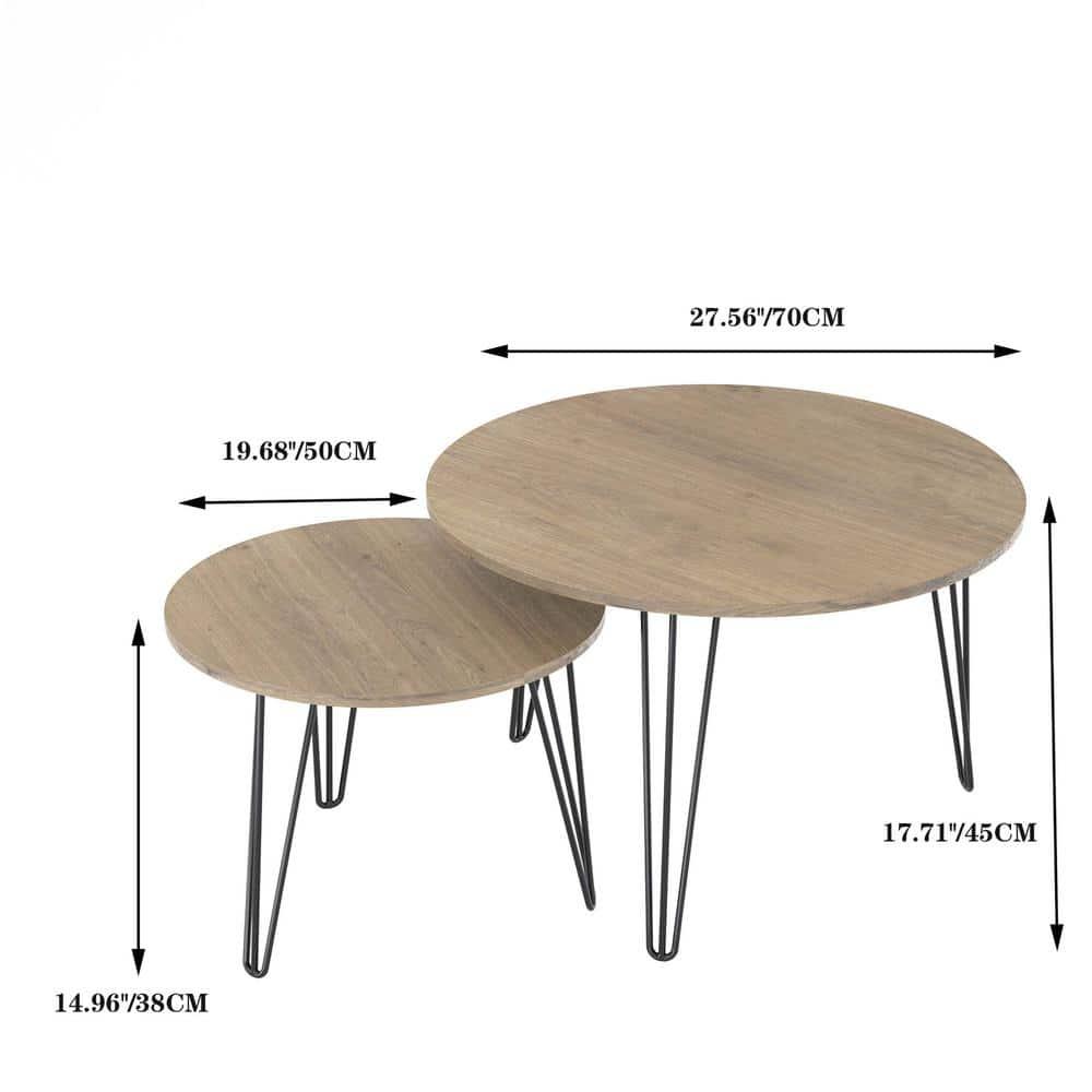 Yesfashion 27.56" Nesting Coffee Table Set Of 2, Modern Round Marble Pattern Wooden Side Tables With Metal Frame, Circular Nesting End Table Set For Living Room