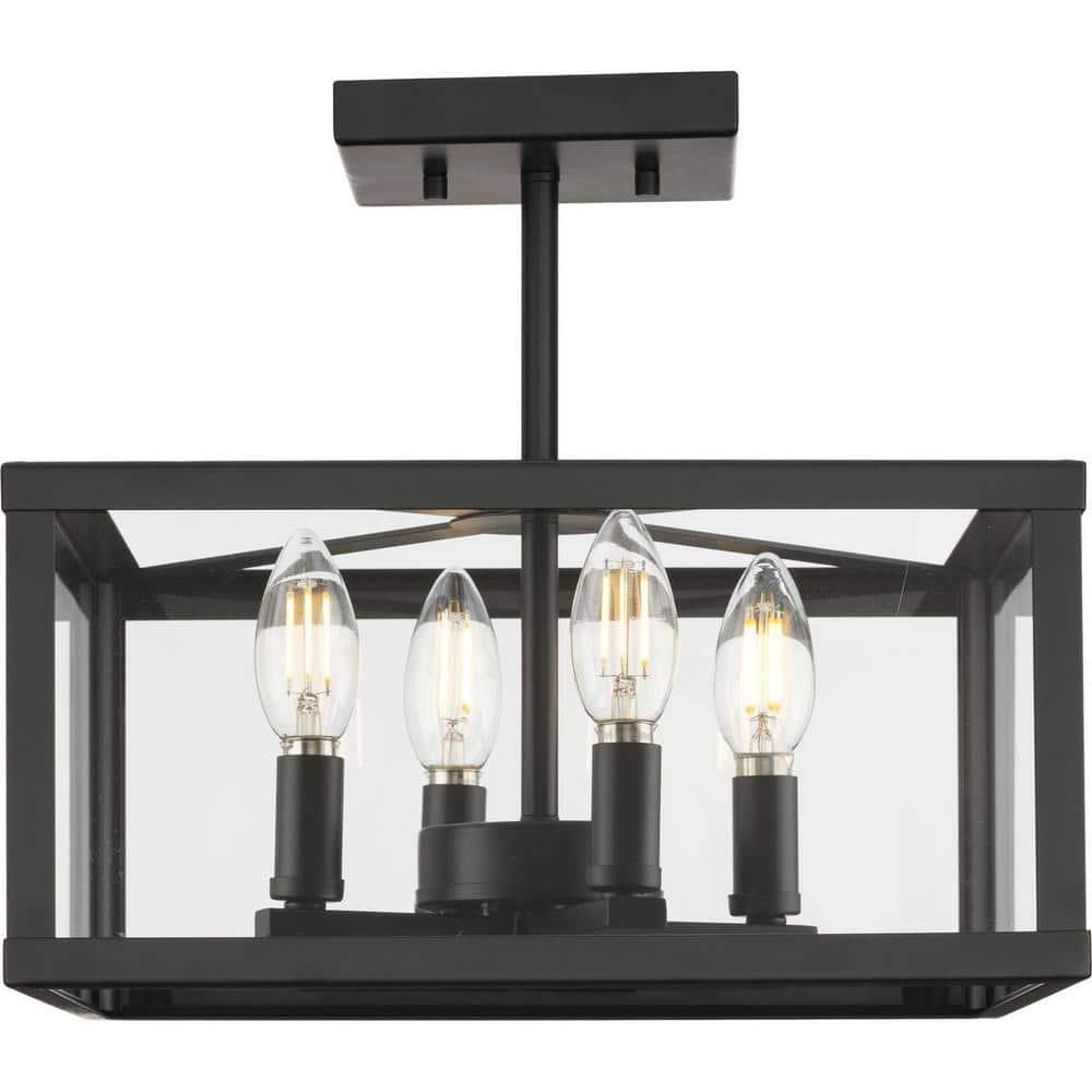Progress Lighting Hillcrest 4-Light Semi-Flush Mount in Matte Black with Clear Beveled Glass Panels