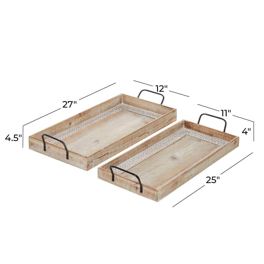 Olivia & May Set of 2 Rectangular Wood Tray with Inlay and Metal Handles Black : Bohemian Carved, Indoor Use Decor