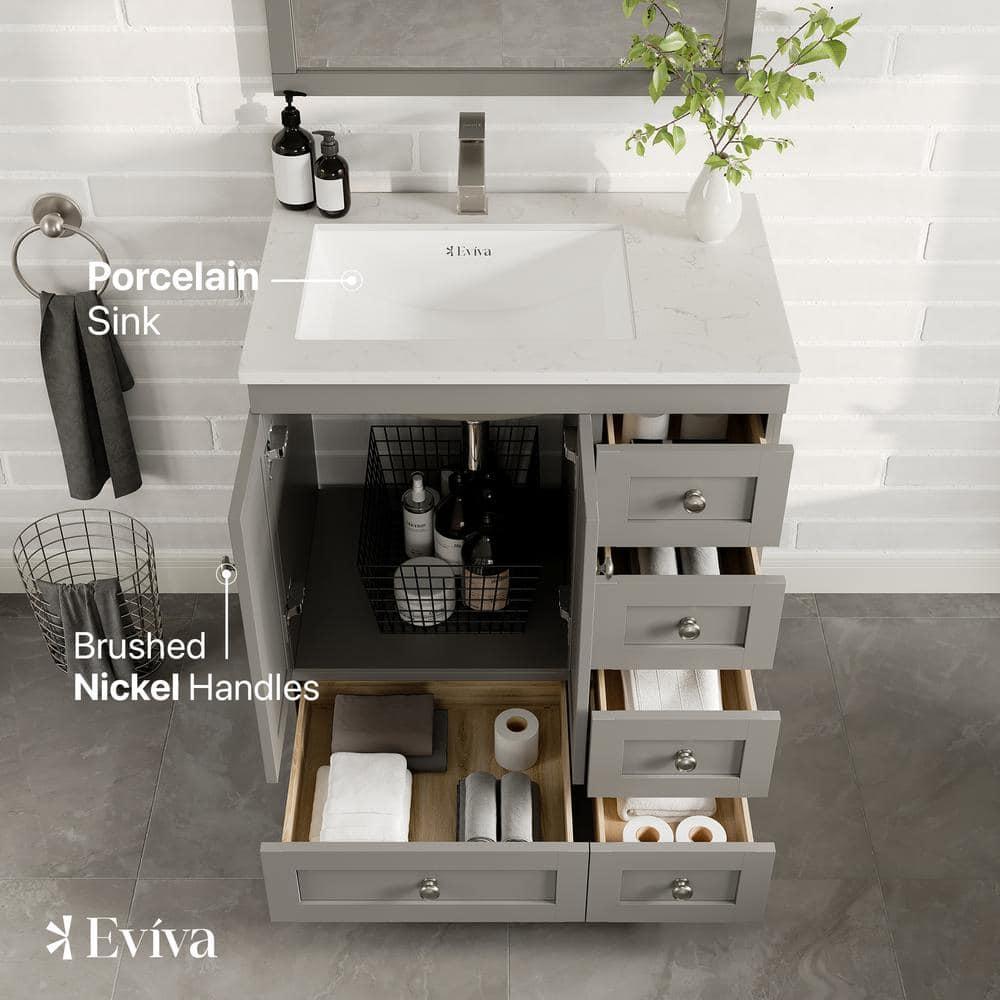 Eviva Happy 30" x 18" Transitional Gray Bathroom Vanity with White Carrara Marble Countertop