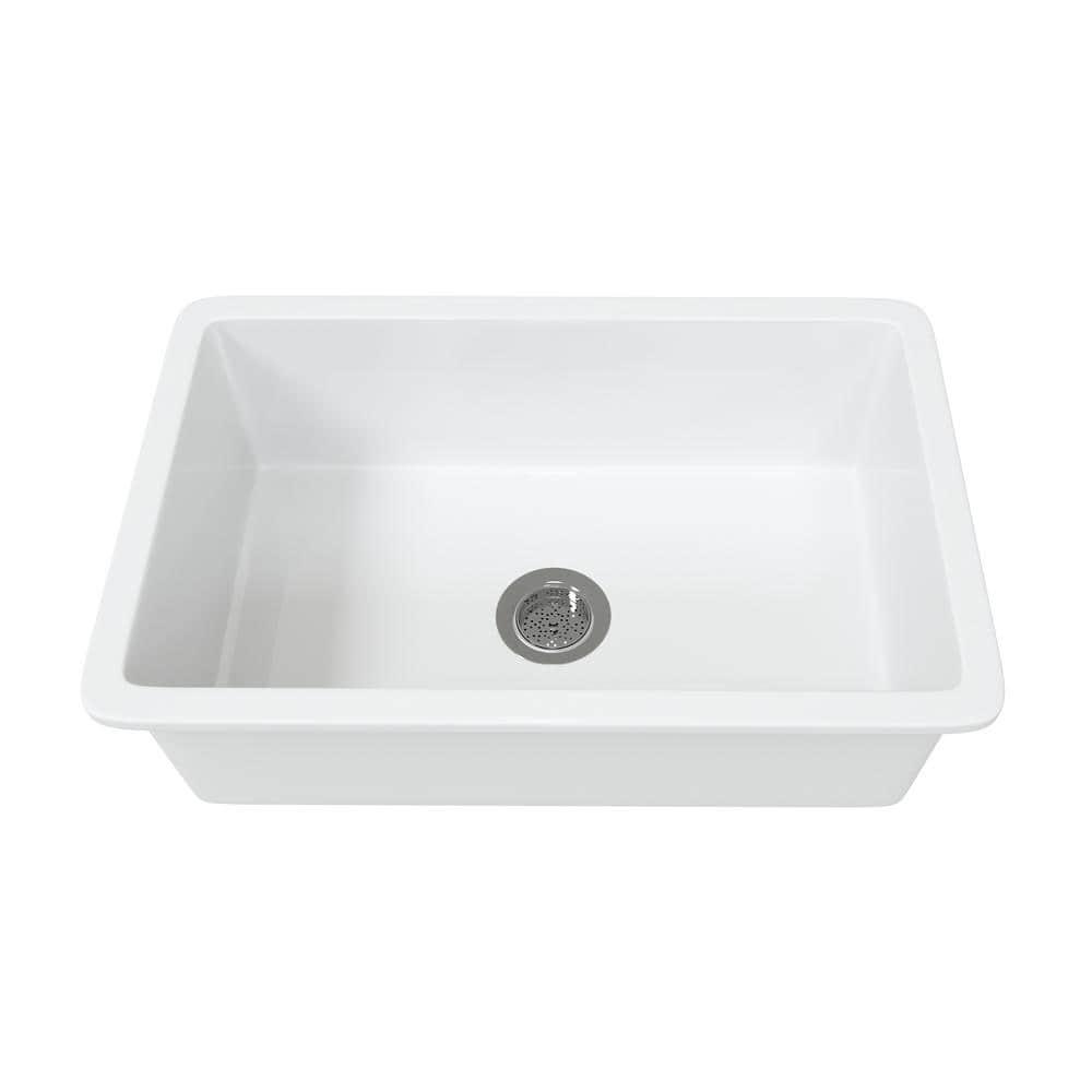 Oslo White Single Bowl Fireclay Undermount Kitchen Sink with Basket Strainer and Bottom Grid