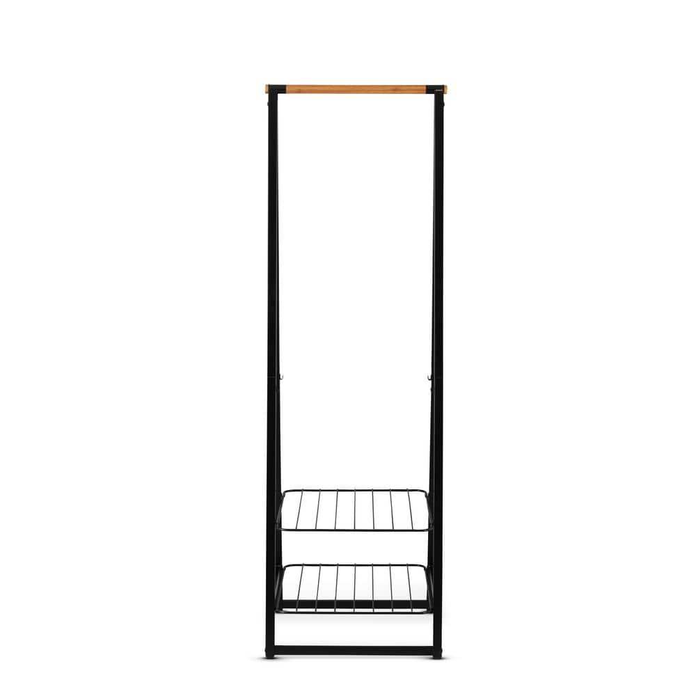 Black Steel and Bamboo Freestanding Garment Rack with Adjustable Shelves