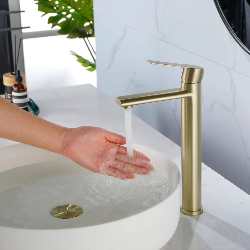 Single Handle Vessel Sink Faucet, Single Hole Tall Bathroom Faucet in Brushed Gold