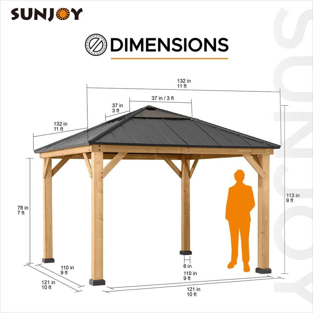 Sunjoy Paula Outdoor Patio 11 ft. x 11 ft. Cedar Framed Gazebo with Black Steel and Polycarbonate Hip Roof Hardtop