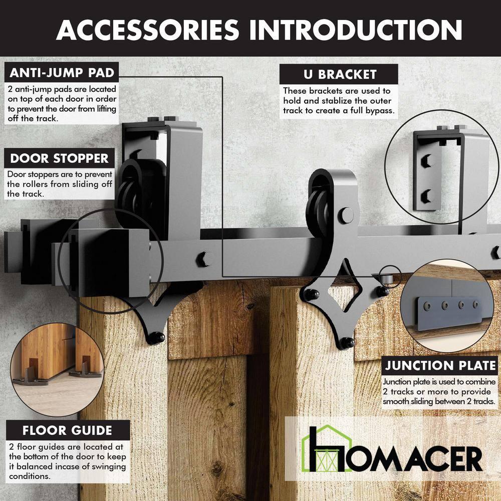 Homacer Black Rustic Double Track U-Shape Bypass Sliding Barn Door Hardware Kit, for Two/Double Doors, 8ft Long Flat Track, Diamond Design Roller, Heavy Duty, for Interior & Exterior Use