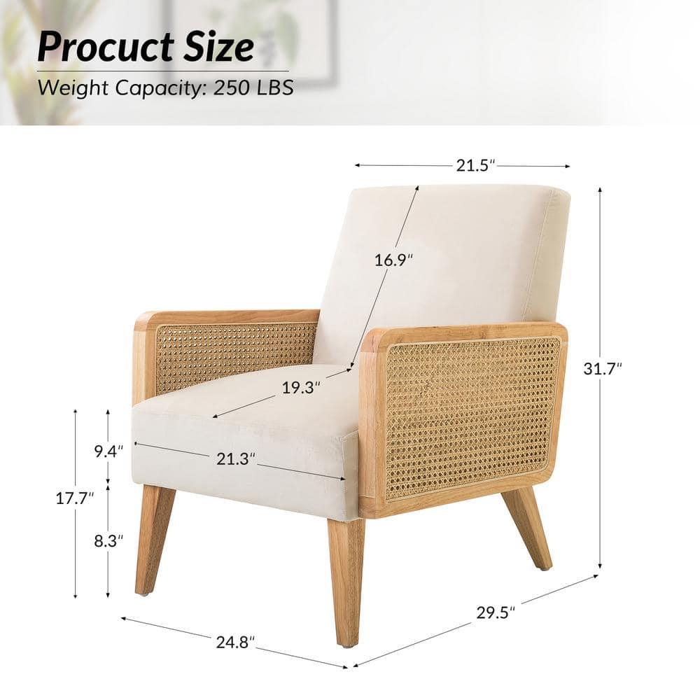 Midcentury Accent Chair Set of 2 Rattan Armrests Fabric Upholstered Wooden Reading Armchair Living Bedroom Beige