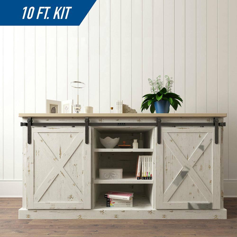 American Pro Decor 8 ft Solid Steel Mini Sliding Rolling Barn Door Hardware Kit for Double Wood Doors (2-Piece)