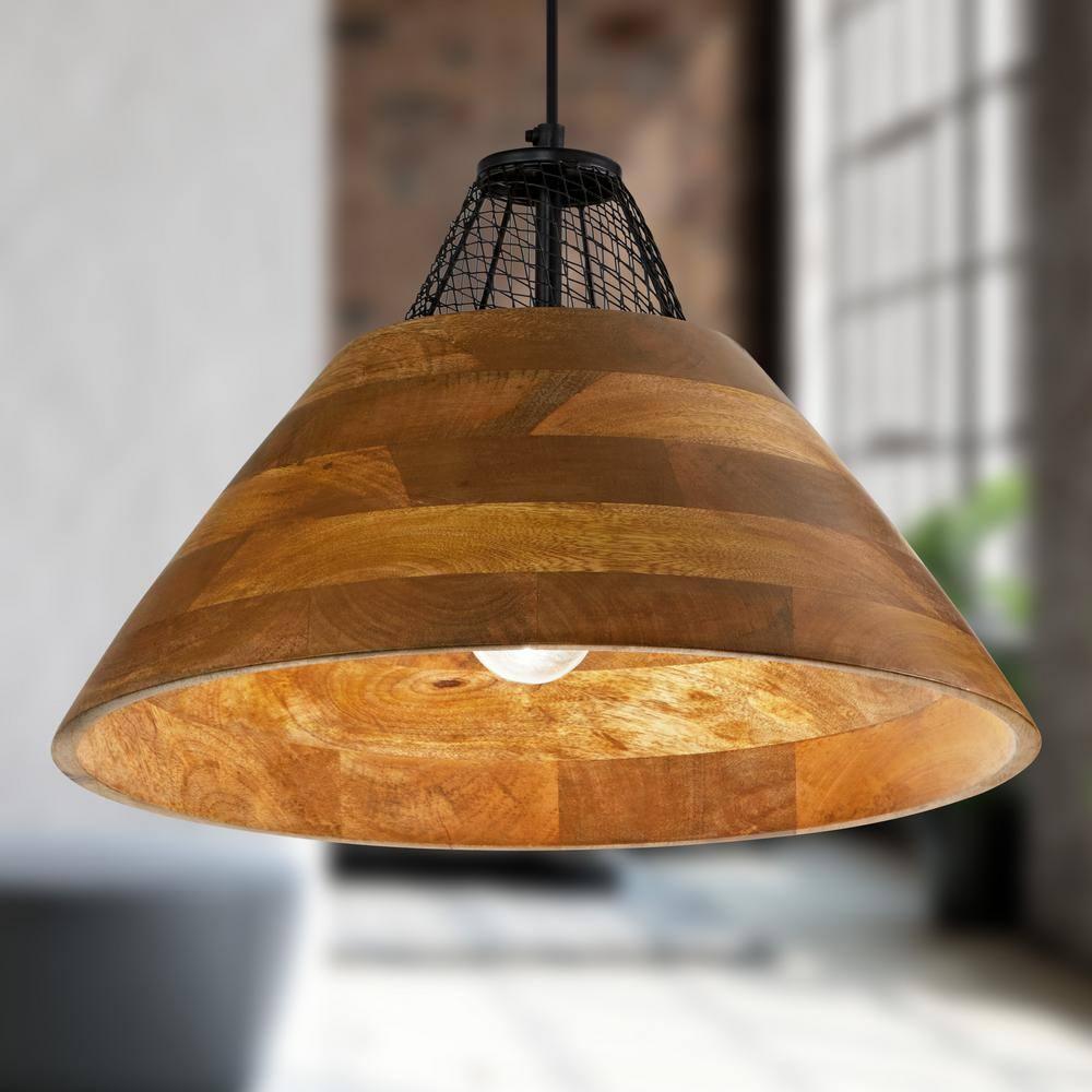 River of Goods 17.25" 1-Light Alainia Black Metal and Walnut-Stained Wood Pendant Light: Satin Finish, UL Listed, Adjustable Height