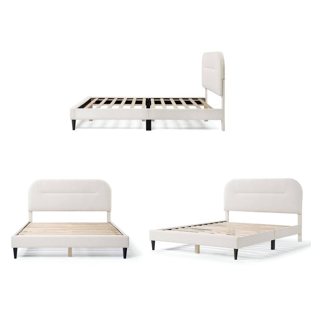 24/7 Shop At Home Queen Heartwild Modern Boucle Upholstered Rounded Platform Bed White: Padded Headboard, No Box Spring Required