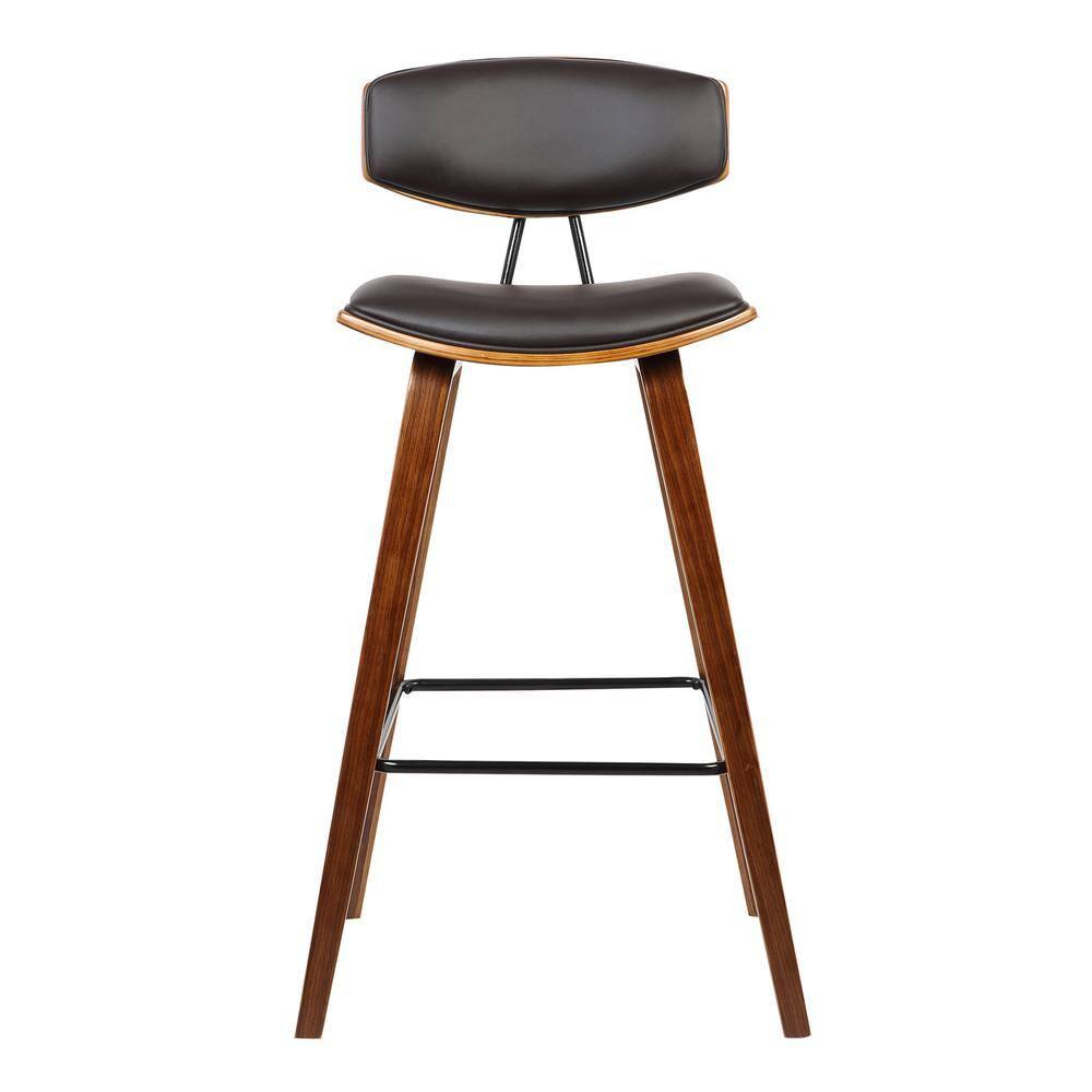 Armen Living 26" Fox Mid-Century Counter Height Barstool in Brown Faux Leather with Walnut Wood: Upholstered Square Seat, Padded Back